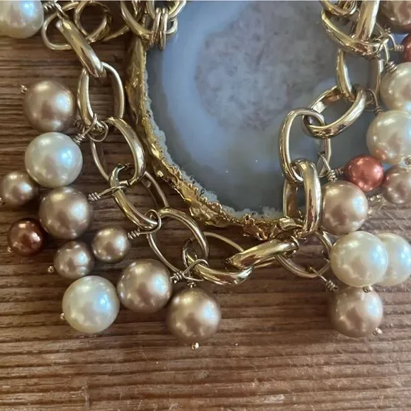 J. Crew Blush Pink & Cream Pearls on Gold Links with Ribbon Tie Necklace - Picture 3 of 4